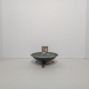 VTG Mid-Century Taya Brass Verdigris Enamel Patina Footed Dish Made‎ In Israel